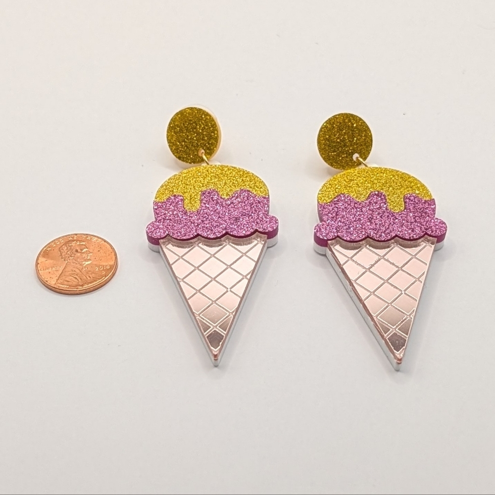 Ice Cream Cone Glitter Drop Earrings Pink And Yellow - Picture 2 of 5